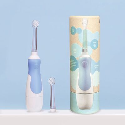 Sonic toothbrush for babies (0 to 5 years old) and its kraft travel case. Blue