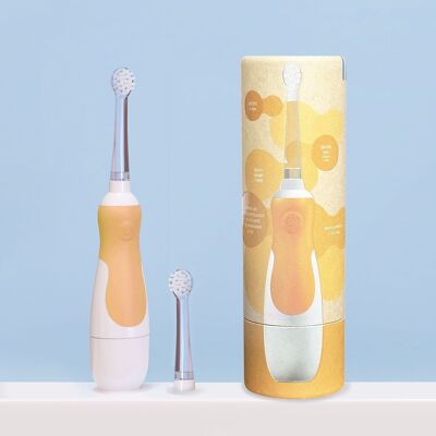 Sonic toothbrush for babies (0 to 5 years old) and its kraft travel case. Mandarin
