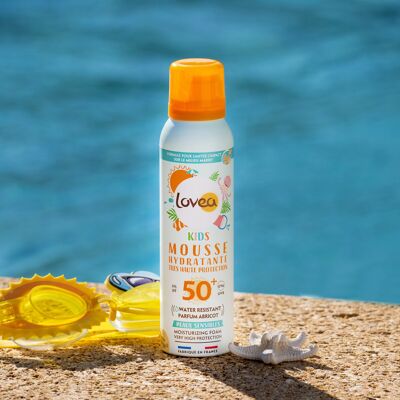 Feuchtigkeitsschaum für Kinder LSF 50+ – Sehr hoher Sonnenschutz für Gesicht & Körper – UVA/UVB-Schutz – Empfindliche Haut – Wasserbeständig – Vegan – 150 ml