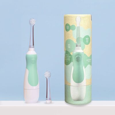 Sonic toothbrush for babies (0 to 5 years old) and its kraft travel case. Sage