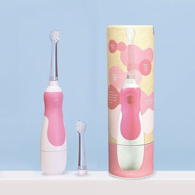 Sonic toothbrush for babies (0 to 5 years old) and its kraft travel case. Raspberry