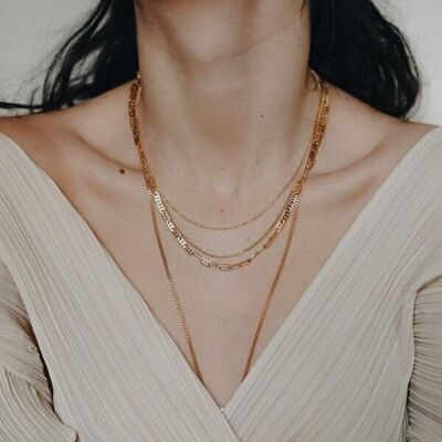 Gold steel three row chain necklace