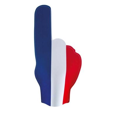 Riesige Fanhand aus Schaumstoff, dreifarbige Flagge Frankreichs in den Farben Blau/Weiß/Rot