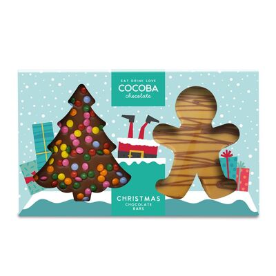 Barras de chocolate con forma de árbol de Navidad y hombre de jengibre