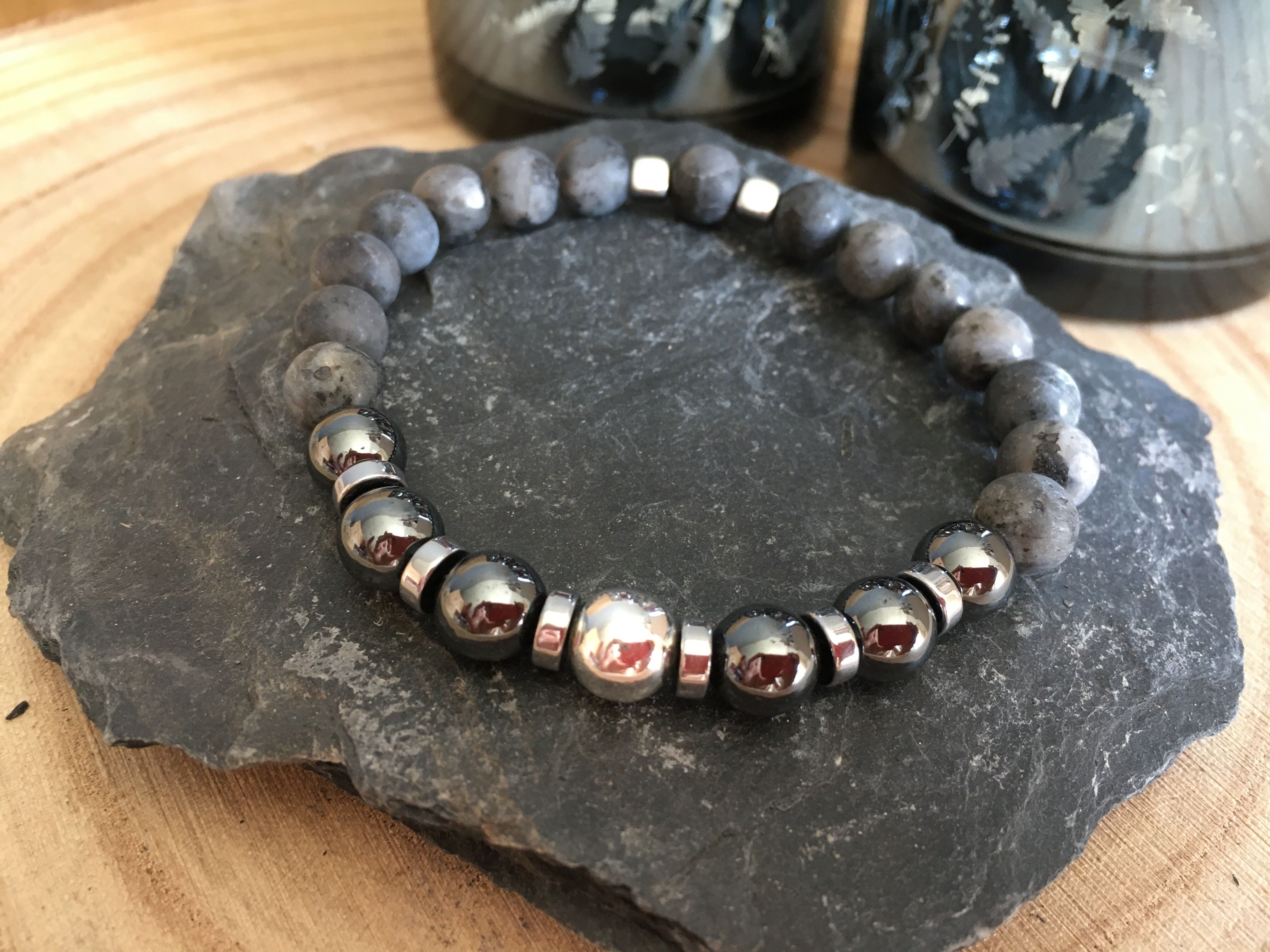 Bracciale Uomo in Pietra Labradorite Opaca ed Ematite