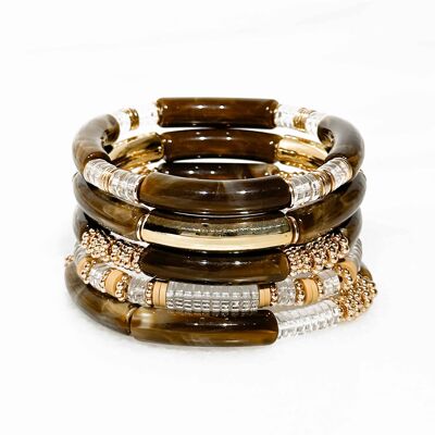 Lot de bracelets tube résine sur élastique - Marron