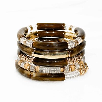 Set of resin tube bracelets on elastic - Brown