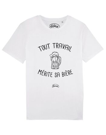 TSHIRT BLANC HOMME TOUT TRAVAIL MERITE SA BIERE