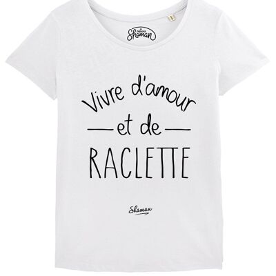 WEISSES DAMEN-T-Shirt „LIVING WITH LOVE AND RACLETTE“.