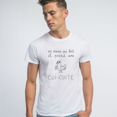 TSHIRT BLANC HOMME UN OISEAU QUI BOIT IL PREND UNE CUI-CUITE