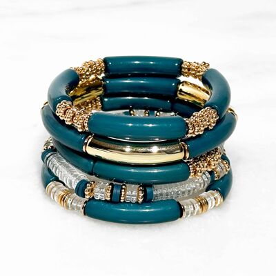 Set of resin tube bracelets on elastic - Petrol blue