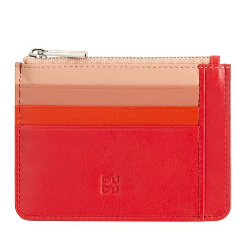 DUDU Small leather credit card holder zipper red flame