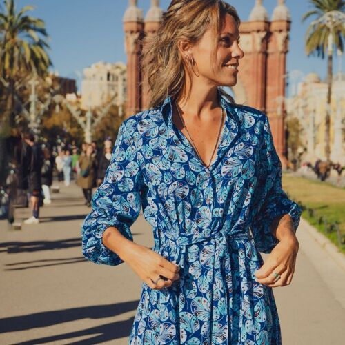 Vestido camisero y cuello camisa de rayón, estilo boho