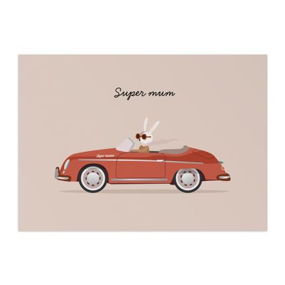 Super maman dans une affiche Porsche vintage, papier écologique et emballage