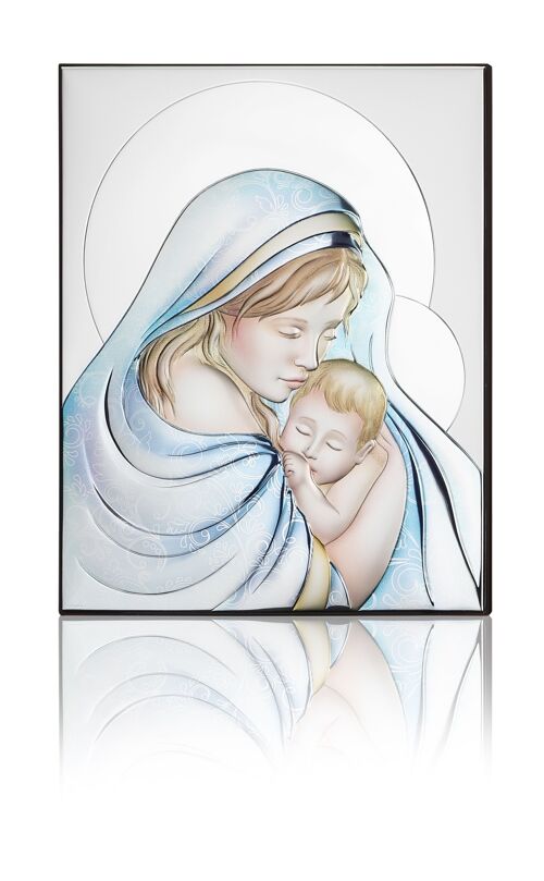 Quadro Icona da Parete e da Appoggio 27x34 cm Argentato Linea "Madonna con Bambino Colorata"