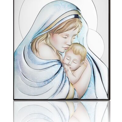 Wand- und freistehendes Ikonenbild 27x34 cm Silber Linie „Madonna mit farbigem Kind“.