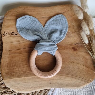 Wooden teether with soft rabbit ears 15cm - Gray