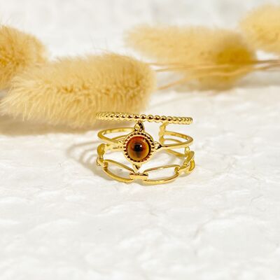Multi-line ring with tiger's eye stone