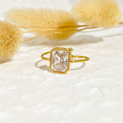 Fine golden ring with rectangle rhinestones