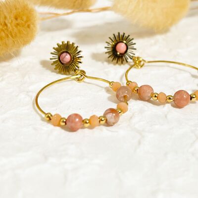 Golden sun earrings with pink stones