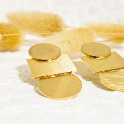 Brushed round and square gold dangling earrings