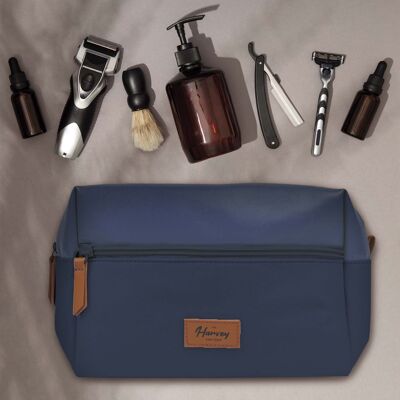 Men's toiletry bag (21x14x10) - Harvey Collection - Blue faux leather and cotton