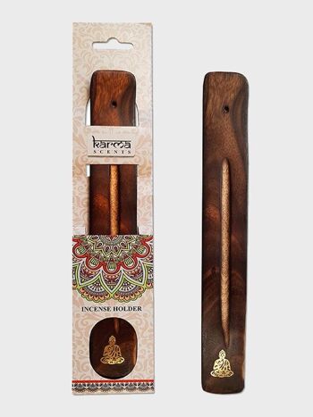 Namaste Karma Scents Porte-cendres en bois de manguier avec incrustation en laiton Bouddha 1