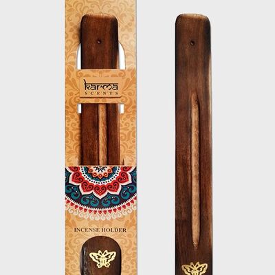 Namaste Karma Scents Porte-cendres en bois de manguier avec incrustation en laiton et papillon