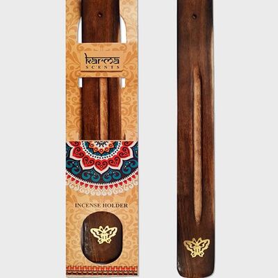 Namaste Karma Scents Brass Inlay Mango Wood Ash Holder Butterfly