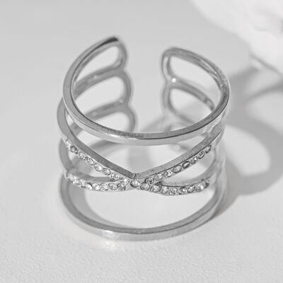 Silver multi crossed lines ring with rhinestones