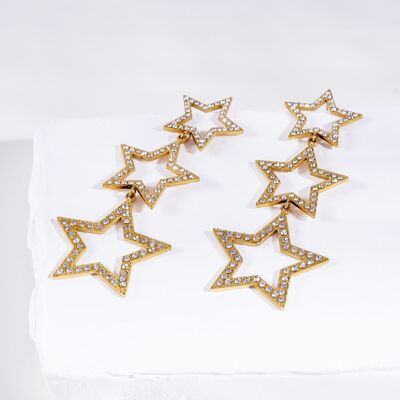 Gold-tone triple star dangle earrings with rhinestones