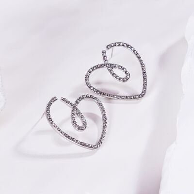 Silver heart earrings with rhinestones