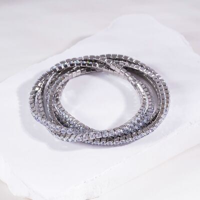 Set of 5 silver elastic bracelets with white rhinestones