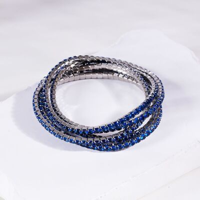 Set of 5 silver elastic bracelets with blue rhinestones