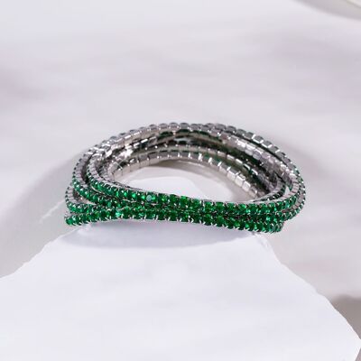 Set of 5 silver elastic bracelets with green rhinestones