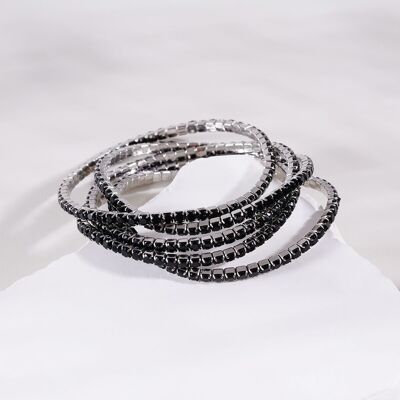 Set of 5 silver elastic bracelets with black rhinestones