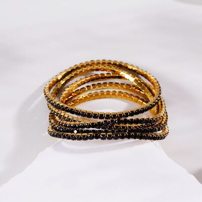 Set of 5 gold elastic bracelets with black rhinestones