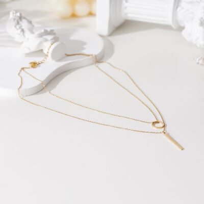 Gold double chain necklace with circle and bar pendants