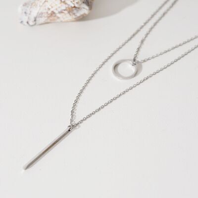 Silver double chain necklace with circle and bar pendants
