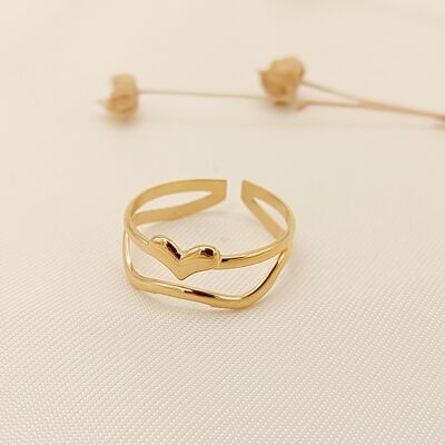 Gold double lines wave and heart ring