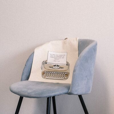 TOTE BAG TYPEWRITER QUOTE ALBERT CAPUS “WORDS ARE LIKE BAGS, THEY TAKE THE SHAPE OF WHAT WE PUT IN THEM”