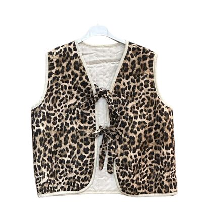 Leopard knotted cotton gauze sleeveless jacket