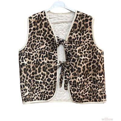 Leopard knotted cotton gauze sleeveless jacket