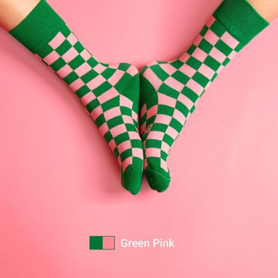 Socks green pink chessboard