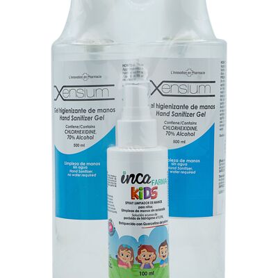 XENSIUM gel higienizante de manos 2x500 ml + spray niños Pack