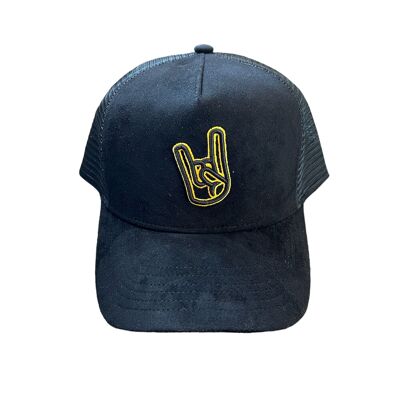 Full black suede and gold trucker