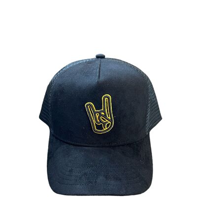 Full black suede and gold trucker
