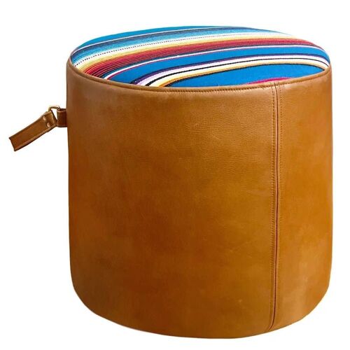 18" Colorful Round Leather Ottoman With Leather Handle