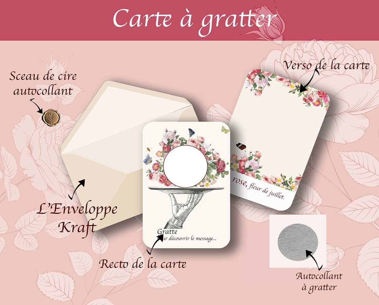 Tarjeta rasca y gana ROSA, flor de julio.