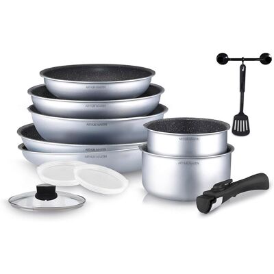 AM676S: Arthur Martin 12 Piece Cookware Set Aluminum Frying Pans and Saucepans with All Heat Accessories including Induction Non-Stick Coating - Silver
